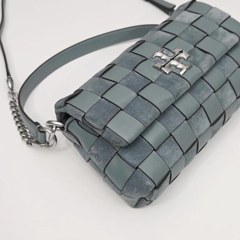 LIKE NEW TORY BURCH KIRA CHEVRON WOVEN SMALL CONVERTIBLE SHOULDER BAG - ARCTIC